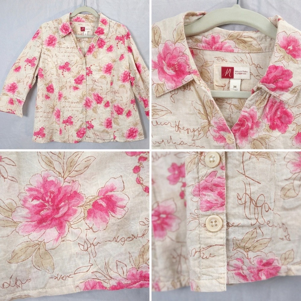 JM‎ Collection Linen Blouse 16W Pink Floral Button Front Office Coastal Romantic